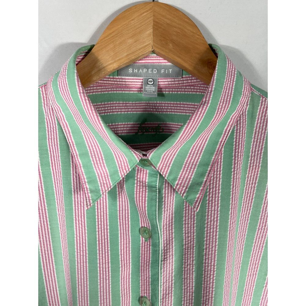 Foxcroft Women's 14P Shaped Fit Green Pink White Striped Long Sleeve Shirt - Picture 3 of 10